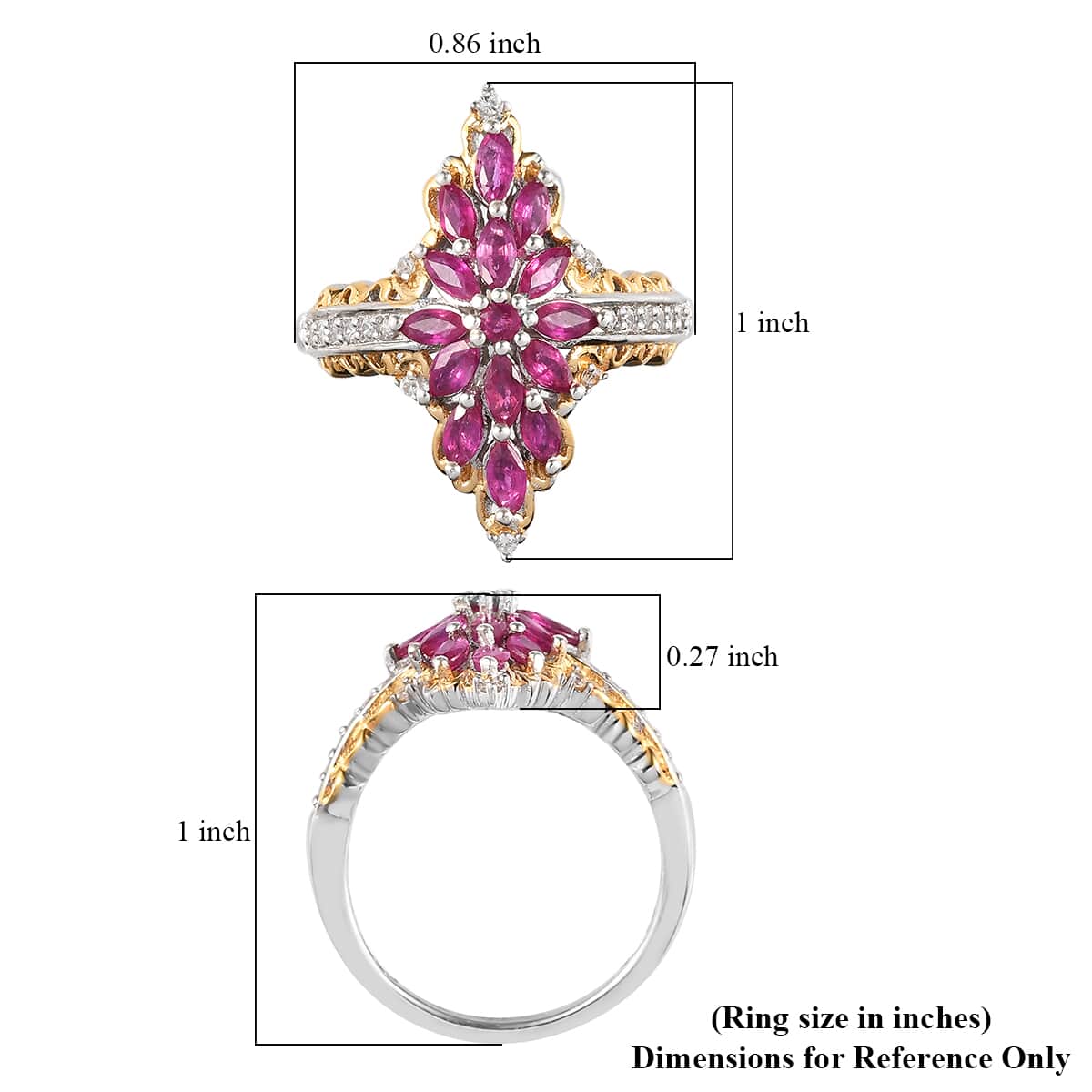 Premium Montepuez Ruby and Natural White Zircon Ring in Vermeil Yellow Gold and Platinum Over Sterling Silver 1.40 ctw image number 4
