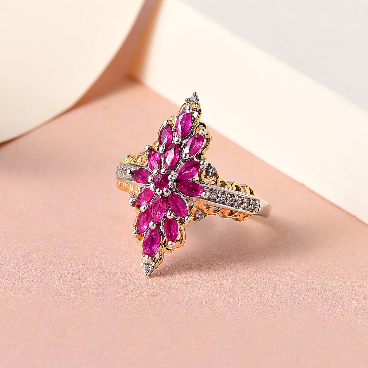 Premium Montepuez Ruby and Natural White Zircon Ring in Vermeil Yellow Gold and Platinum Over Sterling Silver (Size 6.0) 1.40 ctw image number 1