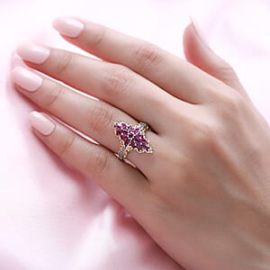 Premium Montepuez Ruby and Natural White Zircon Ring in Vermeil Yellow Gold and Platinum Over Sterling Silver (Size 6.0) 1.40 ctw