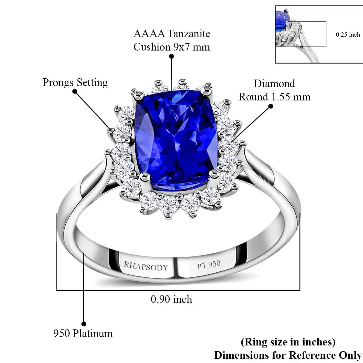 Certified RHAPSODY 950 Platinum AAAA Tanzanite and E-F VS Diamond Halo Ring 5.58 Grams 2.55 ctw image number 7