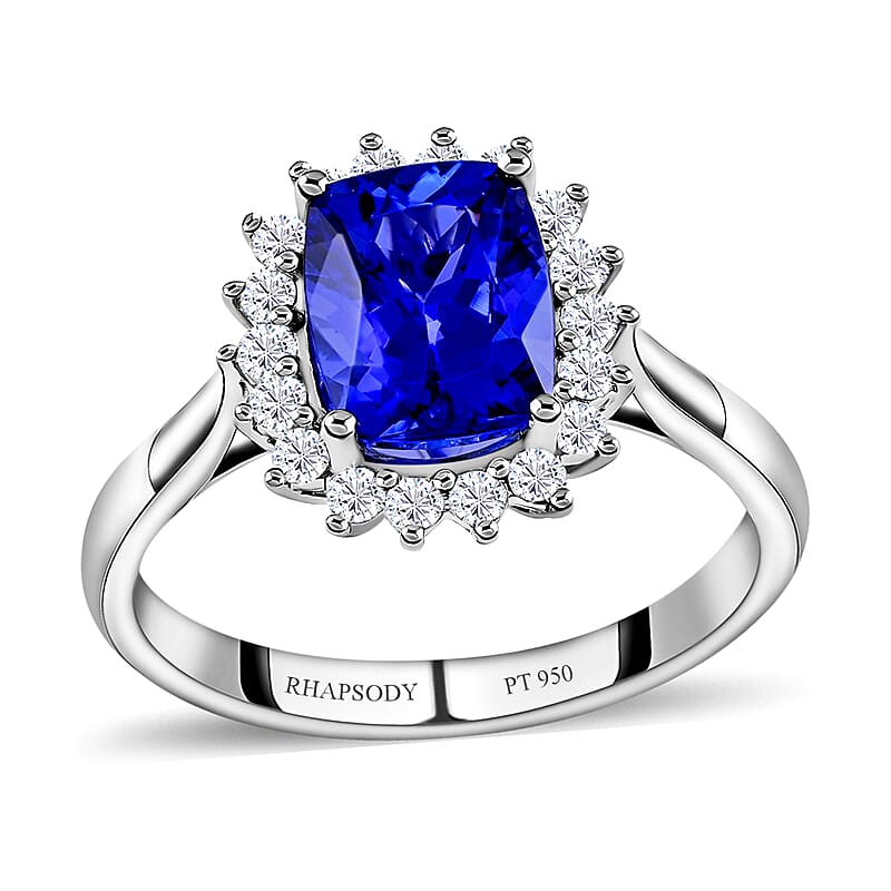 Certified and Appraised Rhapsody 950 Platinum AAAA Tanzanite and E-F VS Diamond Halo Ring (Size 6.0) 5.58 Grams 2.55 ctw (Del. in 10-15 Days)