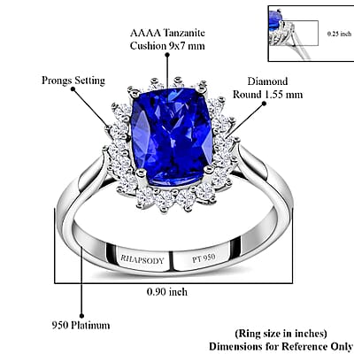 Certified and Appraised Rhapsody 950 Platinum AAAA Tanzanite and E-F VS Diamond Halo Ring (Size 6.0) 5.58 Grams 2.55 ctw (Del. in 10-15 Days)