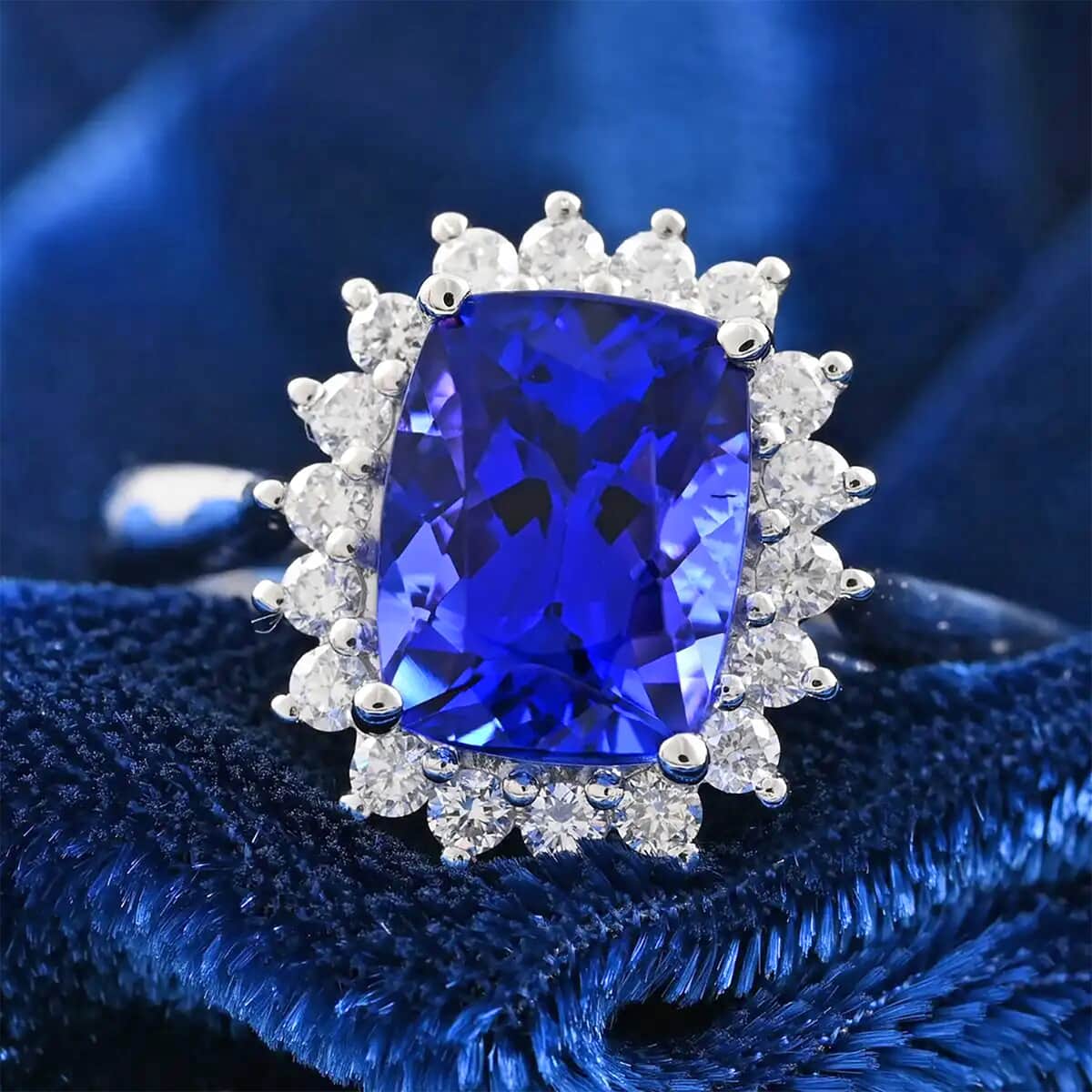 Certified and Appraised Rhapsody 950 Platinum AAAA Tanzanite and E-F VS Diamond Halo Ring (Size 8.0) 5.58 Grams 2.55 ctw image number 1