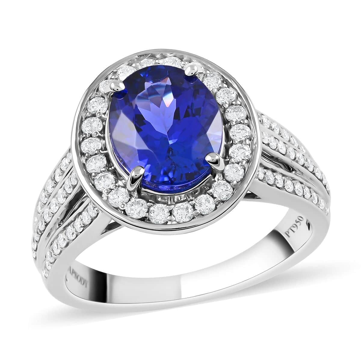 Certified RHAPSODY 950 Platinum AAAA Tanzanite, Diamond (E-F, VS) (0.63 cts) Halo Ring (Size 10.0) (Approx 9.0 g Platinum) 3.50 ctw image number 0