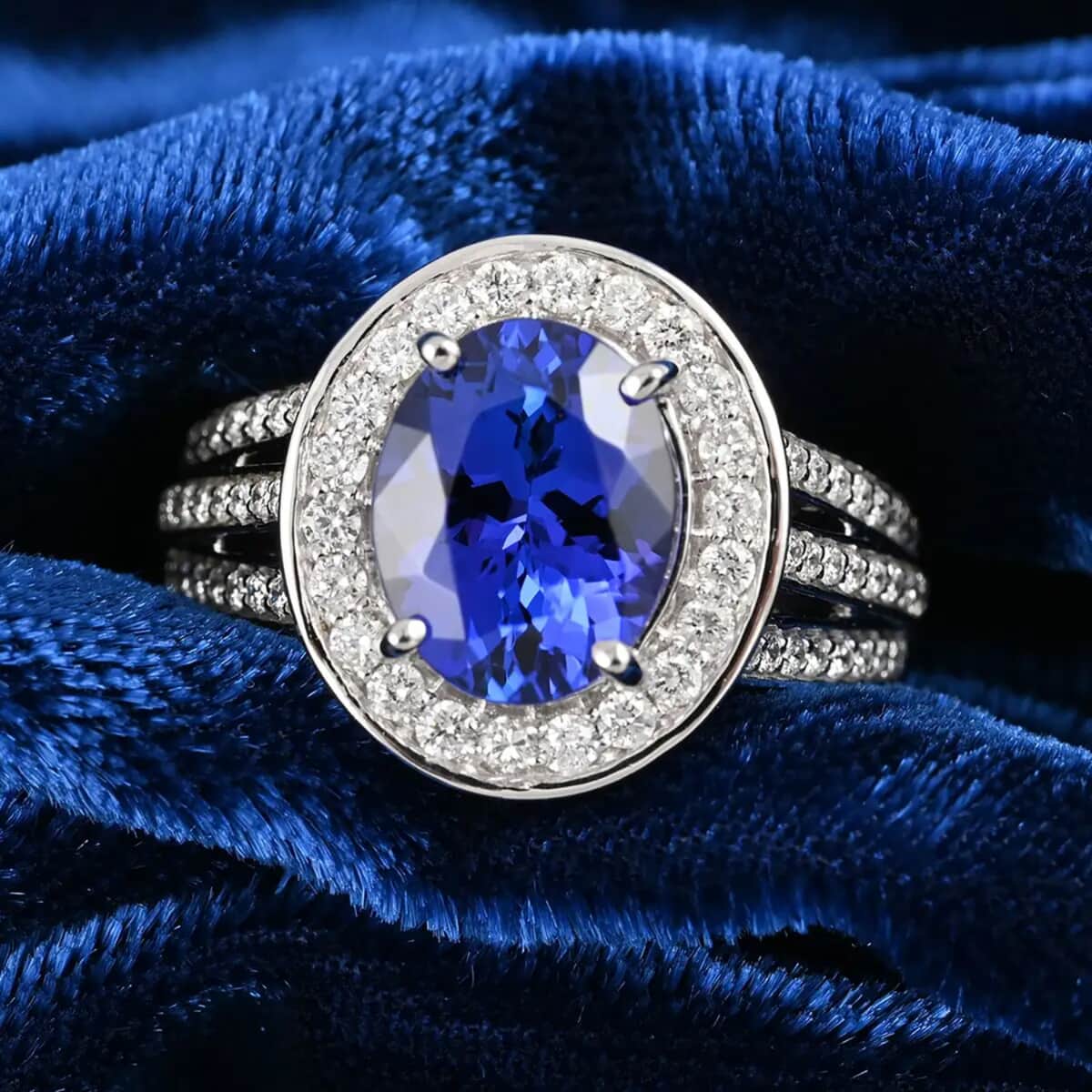 Certified RHAPSODY 950 Platinum AAAA Tanzanite, Diamond (E-F, VS) (0.63 cts) Halo Ring (Size 10.0) (Approx 9.0 g Platinum) 3.50 ctw image number 1