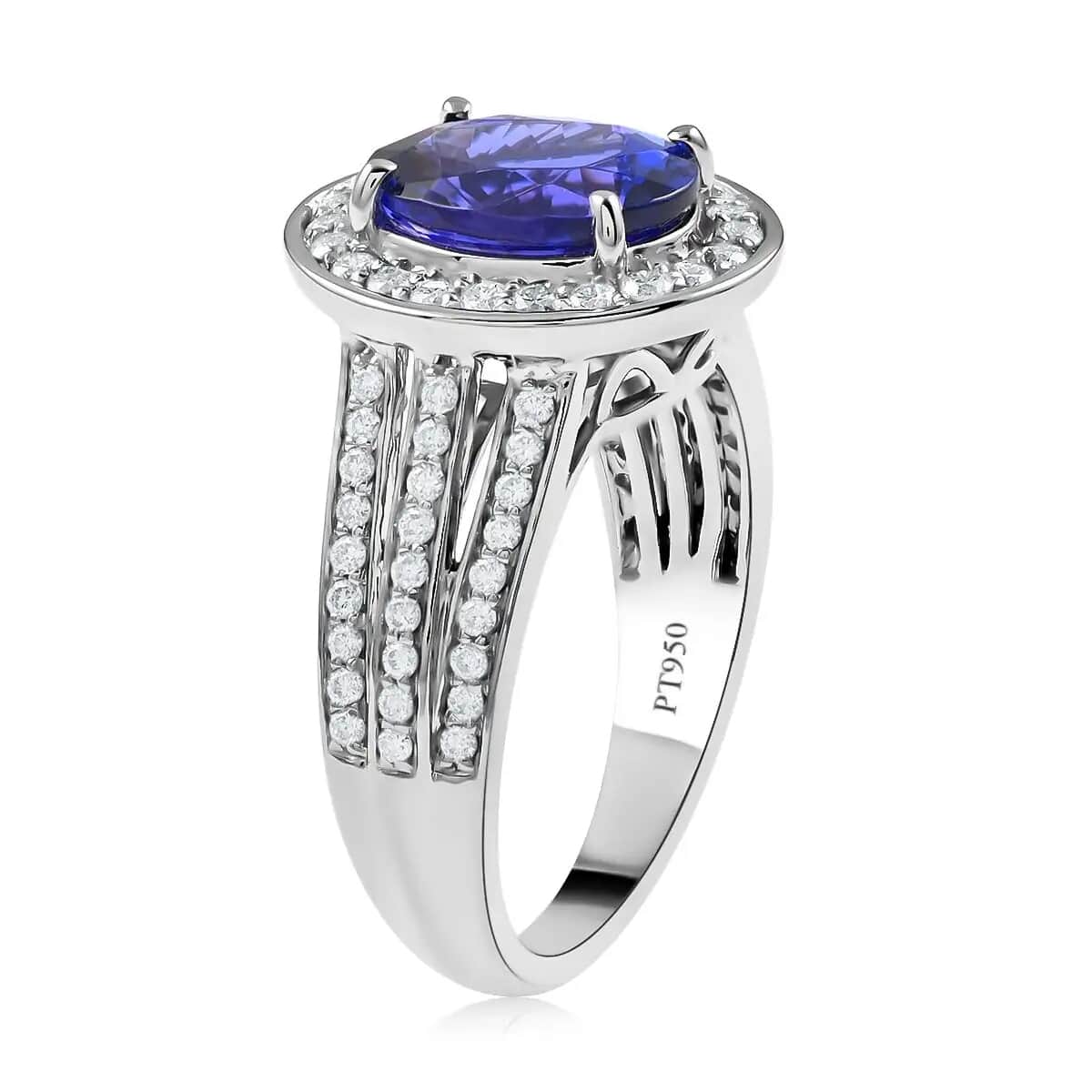 Certified RHAPSODY 950 Platinum AAAA Tanzanite, Diamond (E-F, VS) (0.63 cts) Halo Ring (Size 10.0) (Approx 9.0 g Platinum) 3.50 ctw image number 3