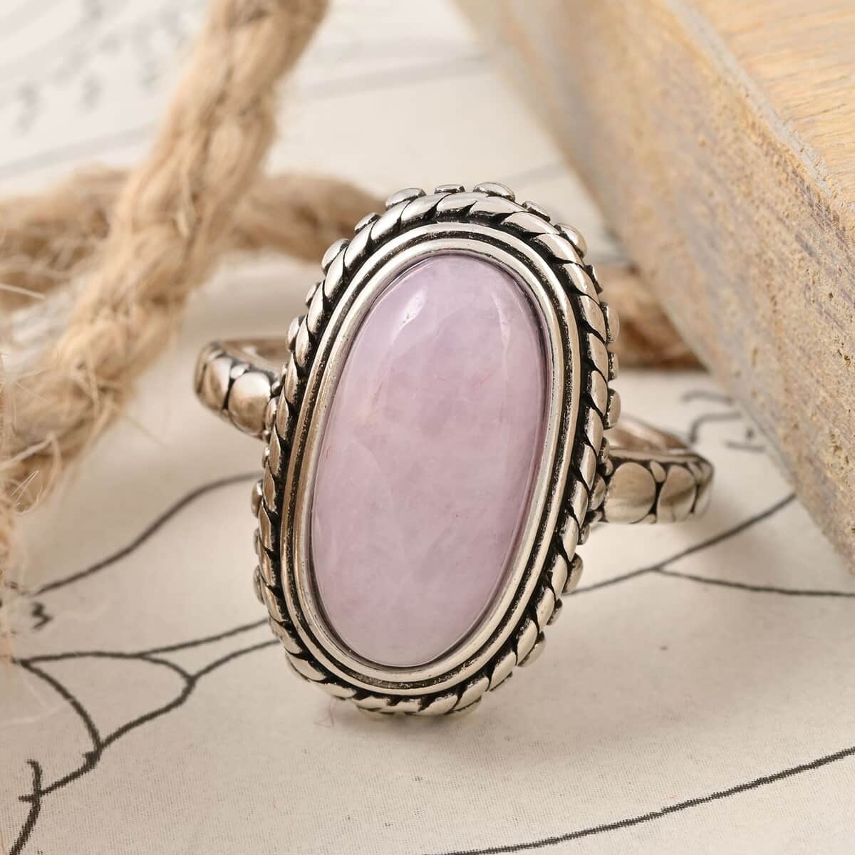 Kunzite Oval Ring in Black Oxidizied Silvertone 6.30 ctw image number 1