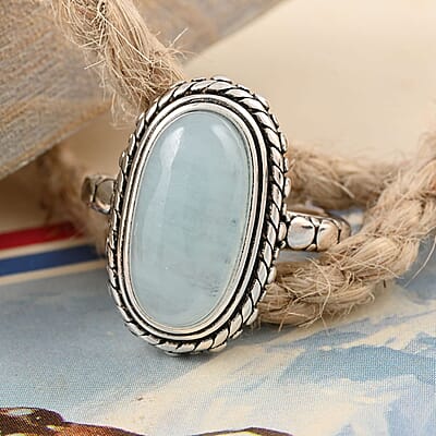 Aquamarine Oval Ring in Black Oxidized Silvertone (Size 10.0) 5.50 ctw