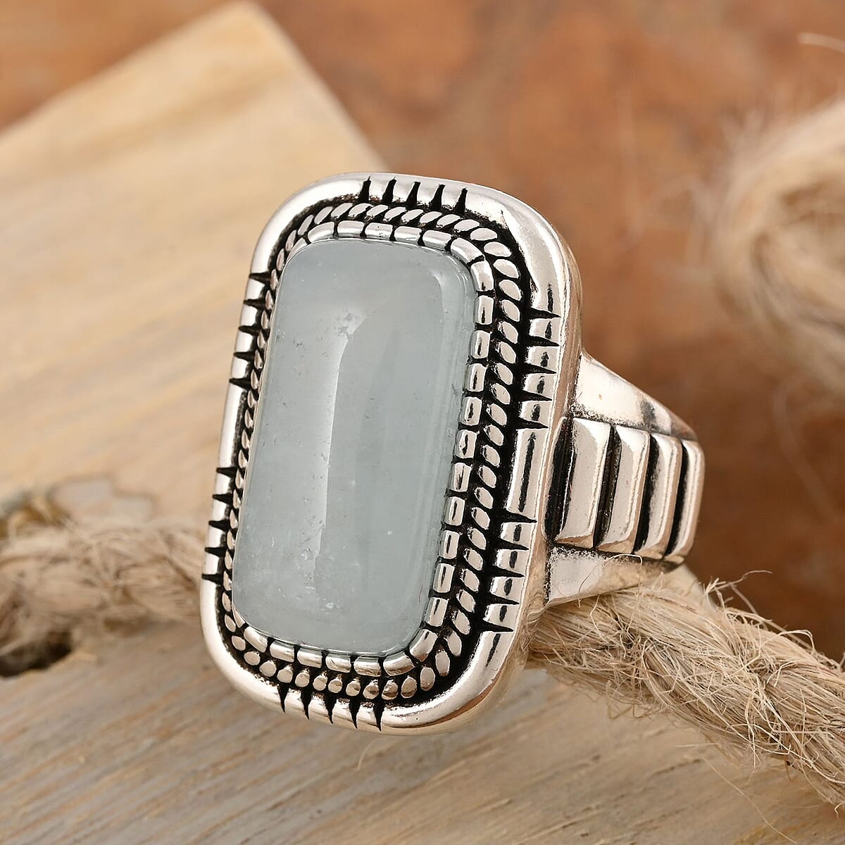 Aquamarine Cushion Ring in Black Oxidized Silvertone (Size 11.0) 5.80 ctw image number 1