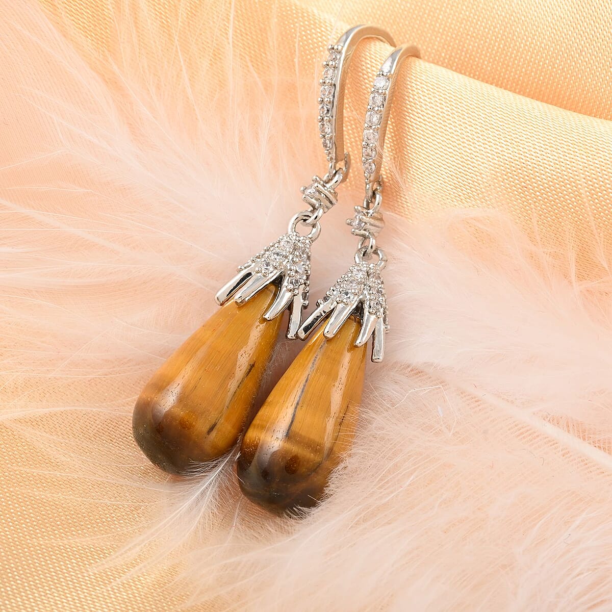 Yellow Tiger's Eye and White Zircon Earrings in Stainless Steel 24.50 ctw image number 1