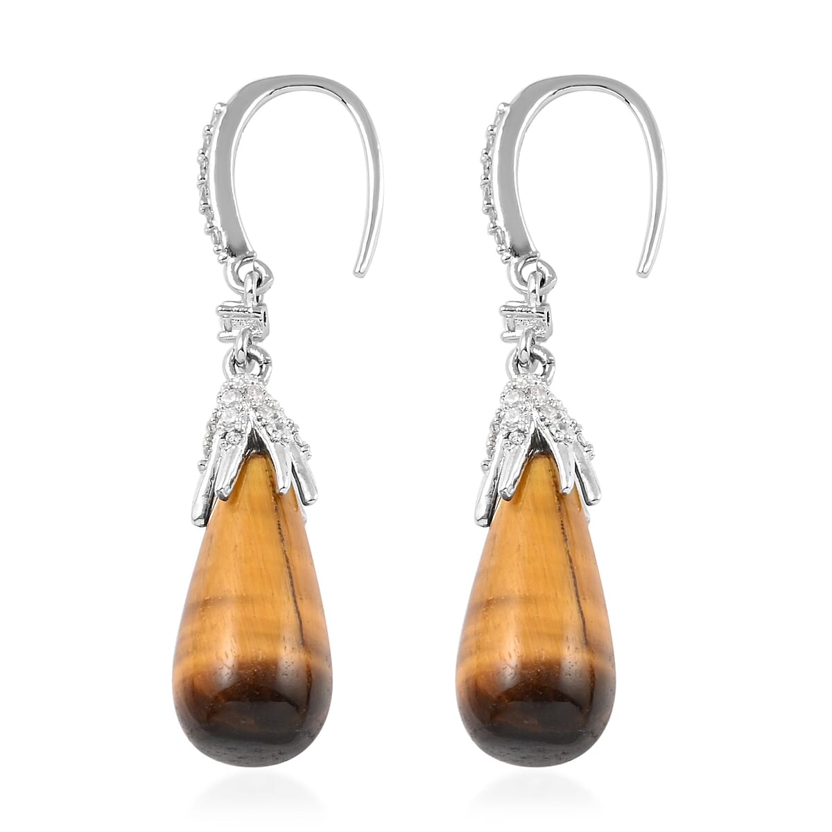 Yellow Tiger's Eye and White Zircon Earrings in Stainless Steel 24.50 ctw image number 3