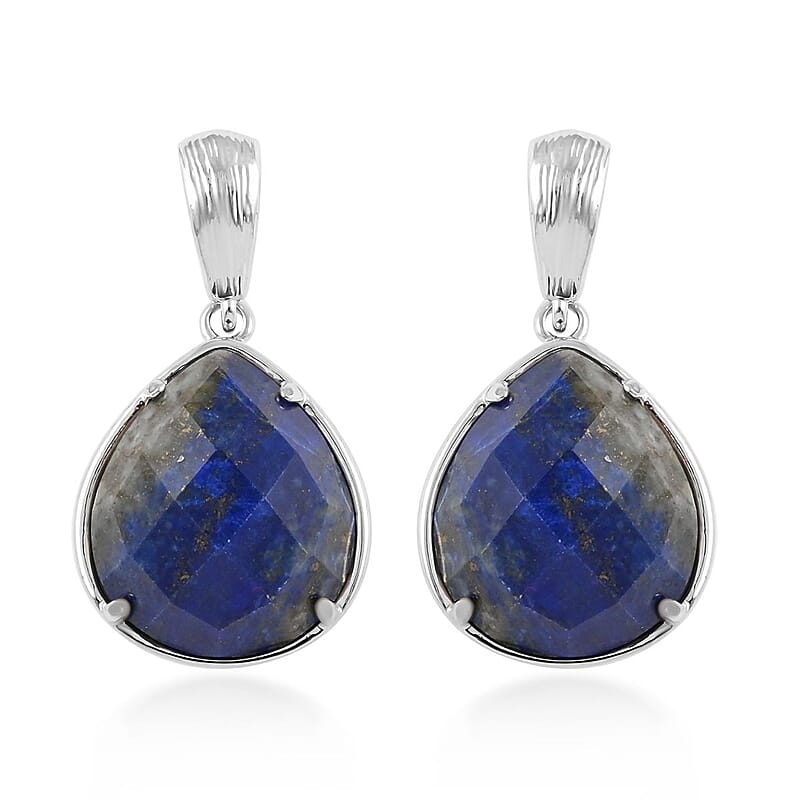 Lapis Lazuli Earrings in Rhodium Over Stainless Steel 16.00 ctw