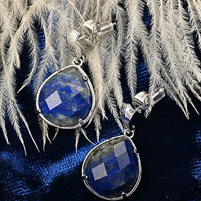Lapis Lazuli Earrings in Rhodium Over Stainless Steel 16.00 ctw