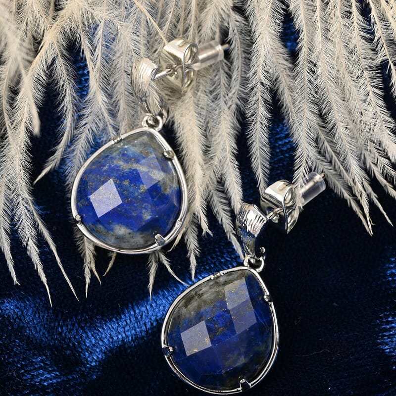 Lapis Lazuli Earrings in Rhodium Over Stainless Steel 16.00 ctw