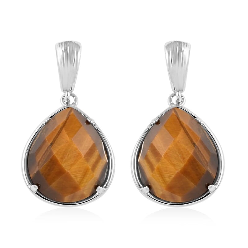 Yellow Tiger's Eye Earrings in Rhodium Over Stainless Steel 16.00 ctw