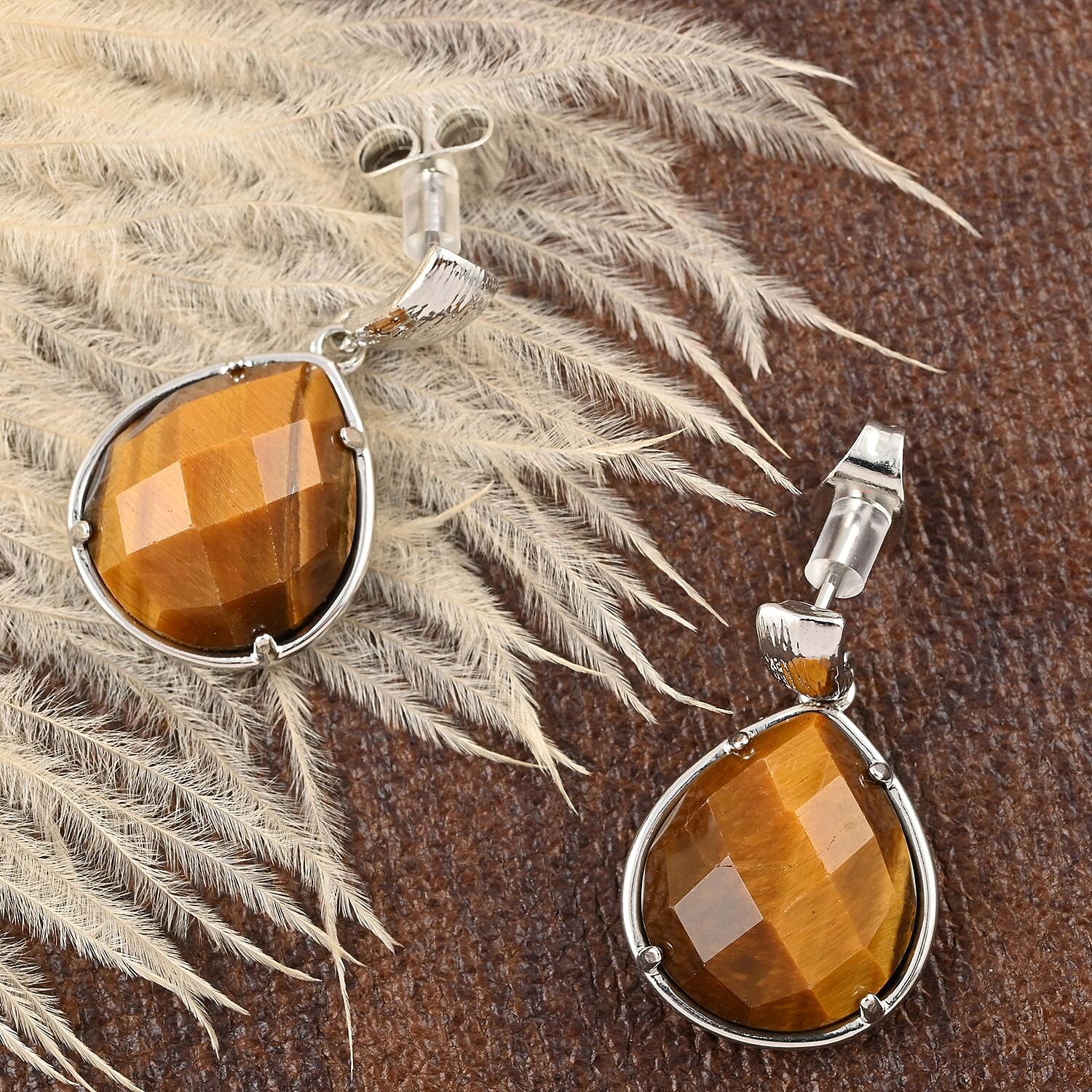 Yellow Tiger's Eye Earrings in Rhodium Over Stainless Steel 16.00 ctw