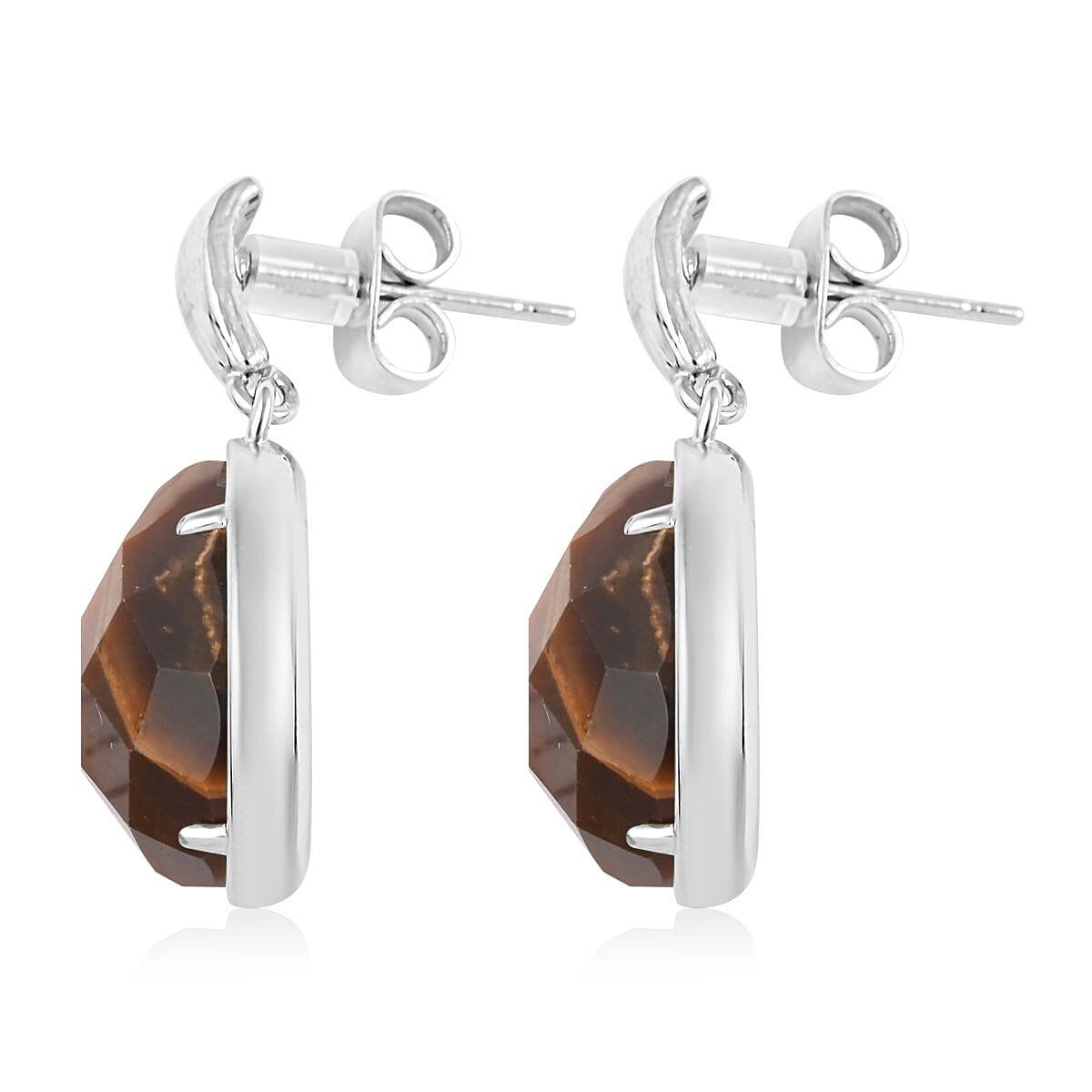 Yellow Tiger's Eye Earrings in Rhodium Over Stainless Steel 16.00 ctw