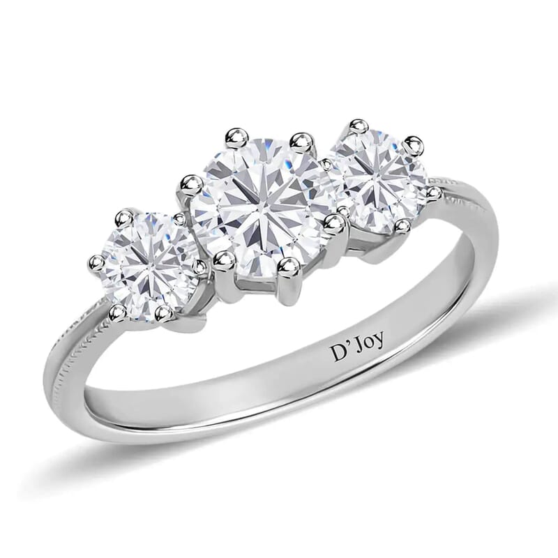 Heart and Arrows Cut Moissanite 1.75 ctw Trilogy Ring in Platinum Over Sterling Silver, Three Stone Engagement Ring For Women (Size 10.0)