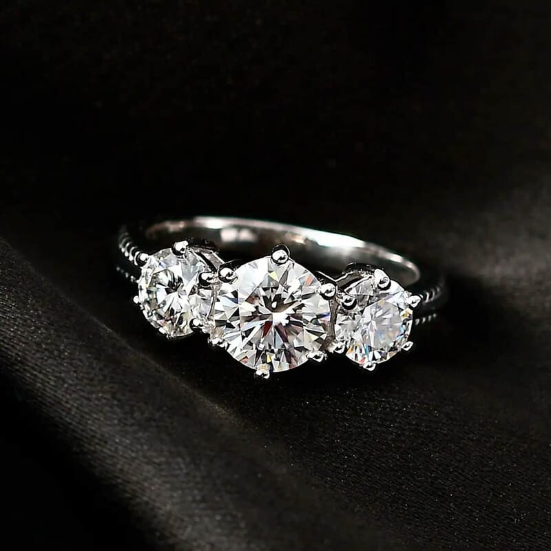 Heart and Arrows Cut Moissanite 1.75 ctw Trilogy Ring in Platinum Over Sterling Silver, Three Stone Engagement Ring For Women (Size 10.0)