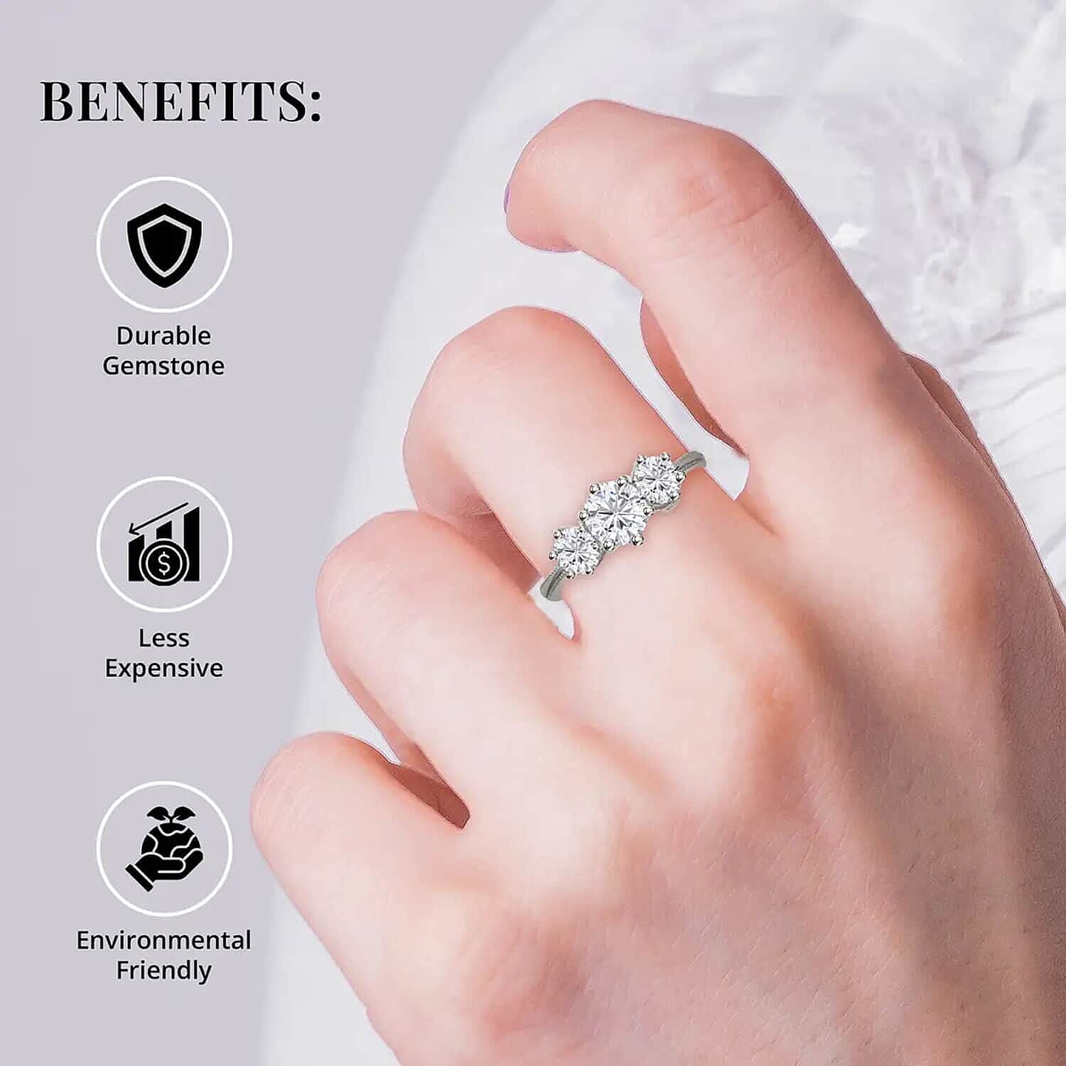 Moissanite 3 Stone Ring in Platinum Over Sterling Silver 1.75 ctw
