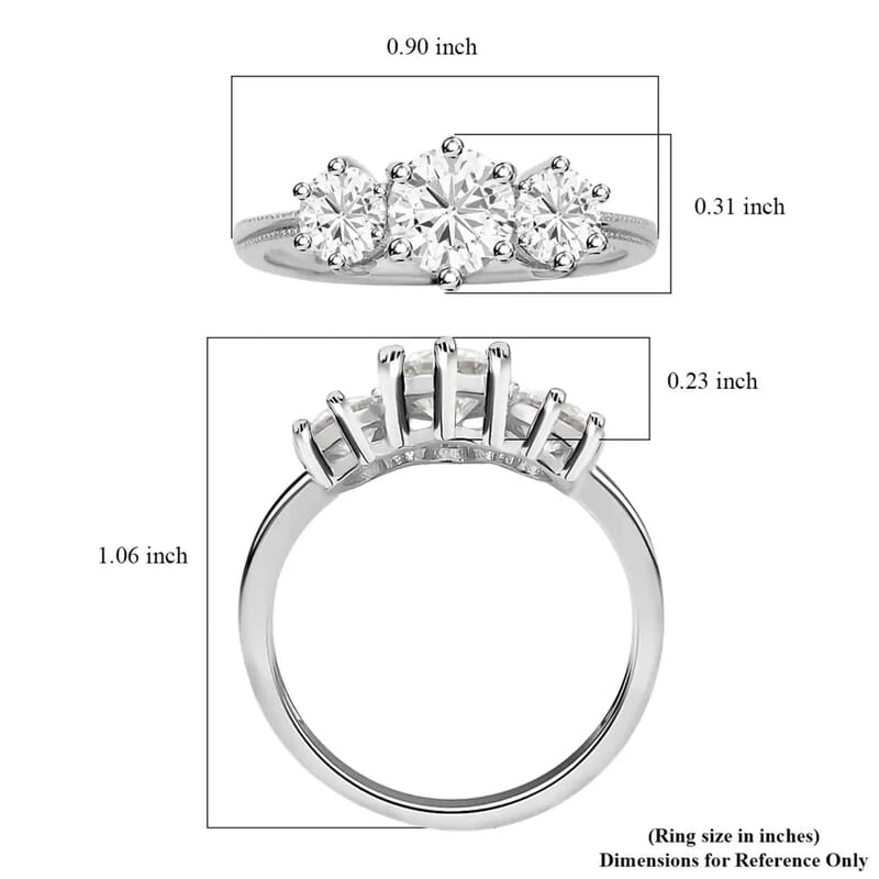 Heart and Arrows Cut Moissanite 1.75 ctw Trilogy Ring in Platinum Over Sterling Silver, Three Stone Engagement Ring For Women (Size 10.0)