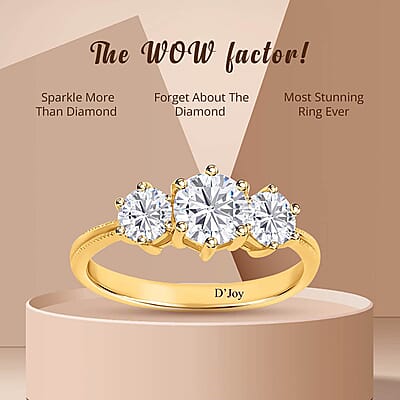 Heart and Arrows Cut Moissanite 1.75 ctw Trilogy Ring in Vermeil YG Over Sterling Silver, Three Stone Engagement Ring For Women (Size 10.0)