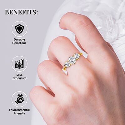Heart and Arrows Cut Moissanite 1.75 ctw Trilogy Ring in Vermeil YG Over Sterling Silver, Three Stone Engagement Ring For Women (Size 10.0)