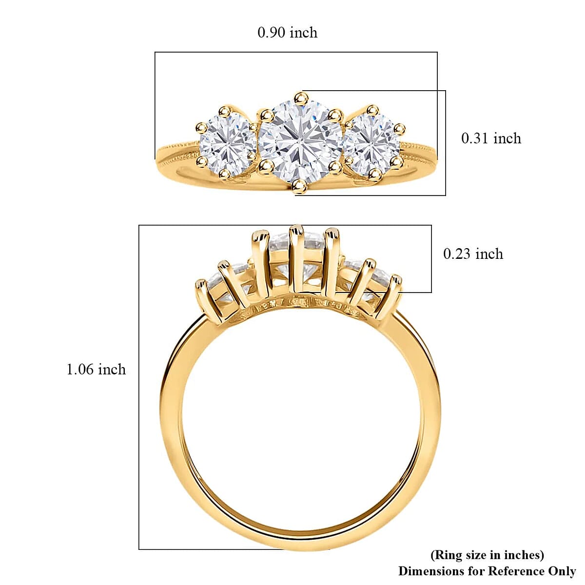 Heart and Arrows Cut Moissanite 1.75 ctw Trilogy Ring in Vermeil YG Over Sterling Silver, Three Stone Engagement Ring For Women (Size 6.0) image number 7