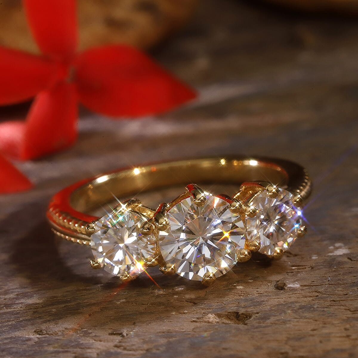 Heart and Arrows Cut Moissanite 1.75 ctw Trilogy Ring in Vermeil YG Over Sterling Silver, Three Stone Engagement Ring For Women (Size 9.0) image number 1