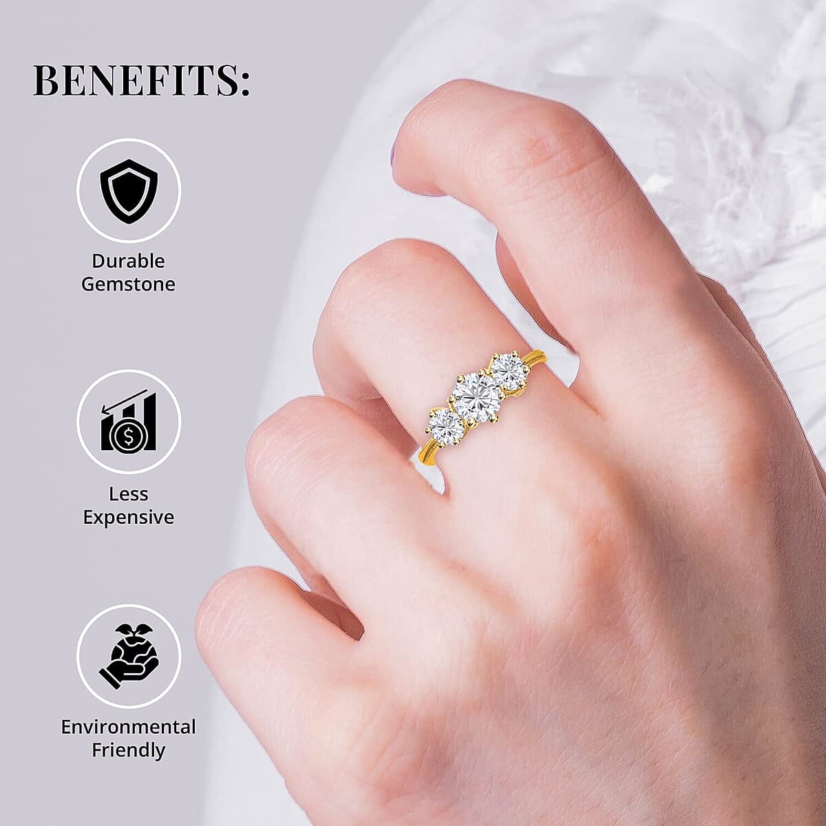 Heart and Arrows Cut Moissanite 1.75 ctw Trilogy Ring in Vermeil YG Over Sterling Silver, Three Stone Engagement Ring For Women (Size 9.0) image number 5