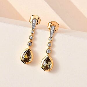 Natural Golden Tanzanite and White Zircon Dangling 1.83 ctw Earrings in Vermeil YG Over Sterling Silver