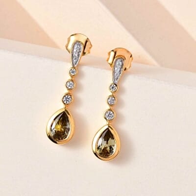 Natural Golden Tanzanite and White Zircon Dangling 1.83 ctw Earrings in Vermeil YG Over Sterling Silver