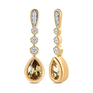 Natural Golden Tanzanite and White Zircon Dangling 1.83 ctw Earrings in Vermeil YG Over Sterling Silver