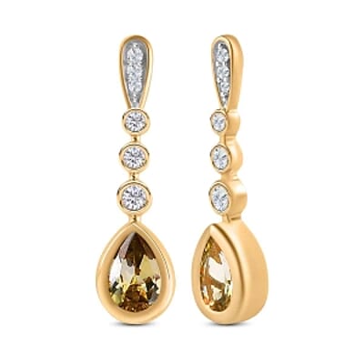 Natural Golden Tanzanite and White Zircon Dangling 1.83 ctw Earrings in Vermeil YG Over Sterling Silver