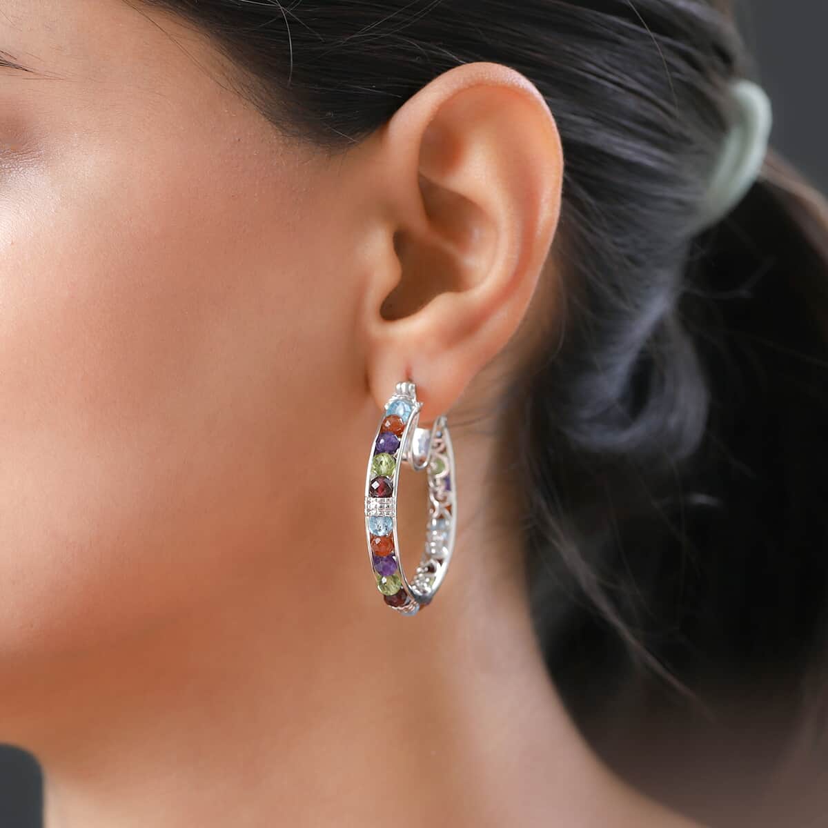 Karis Multi Gemstone Hoop Earrings in Platinum Bond 17.00 ctw image number 2