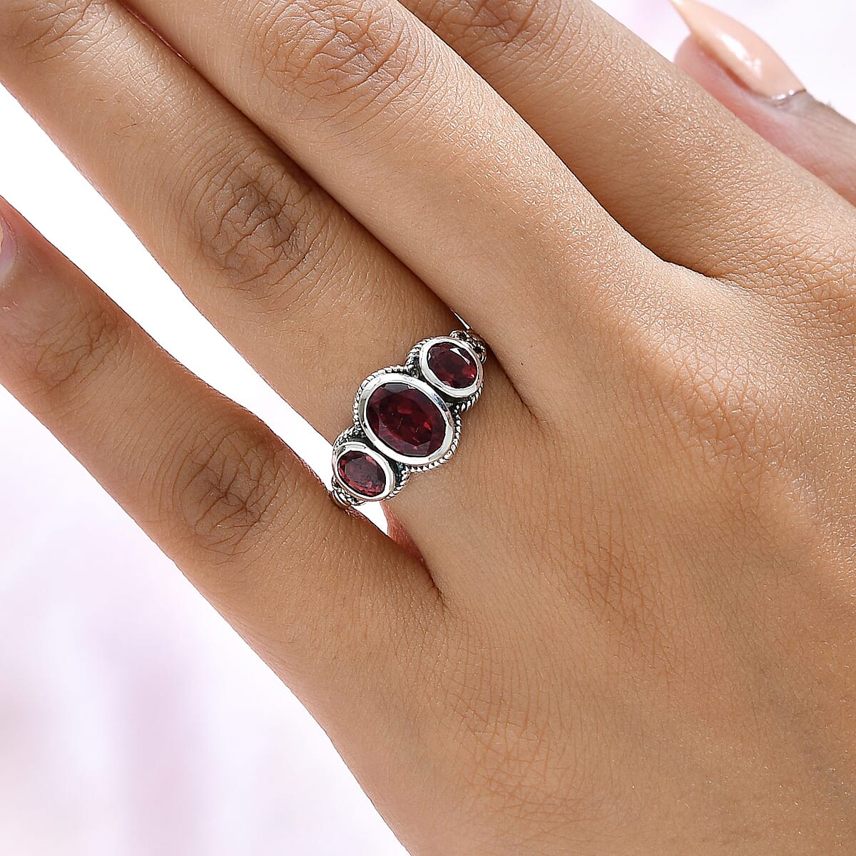 Artisan Crafted Natural Tanzanian Wine Garnet 3 Stone Ring in Sterling Silver 2.25 ctw image number 2