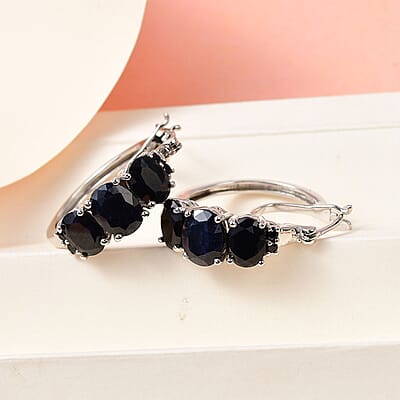 Midnight Sapphire Hoop Earrings in Platinum Over Sterling Silver 12.35 ctw