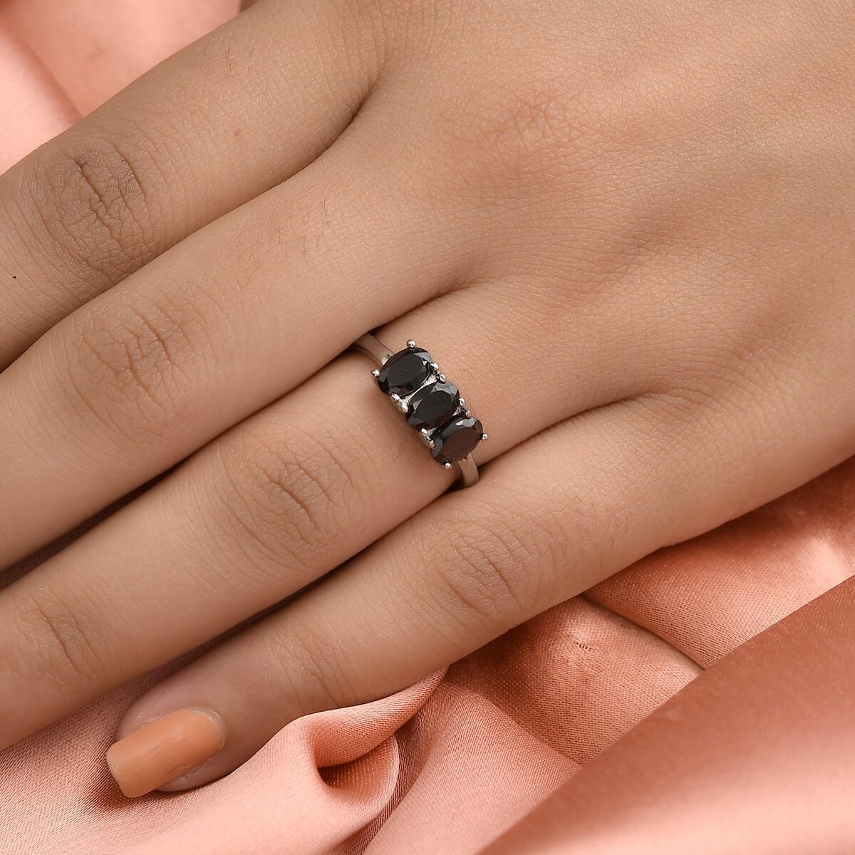 Thai Black Spinel 3 Stone Ring in Stainless Steel (Size 8.0) 2.00 ctw image number 1