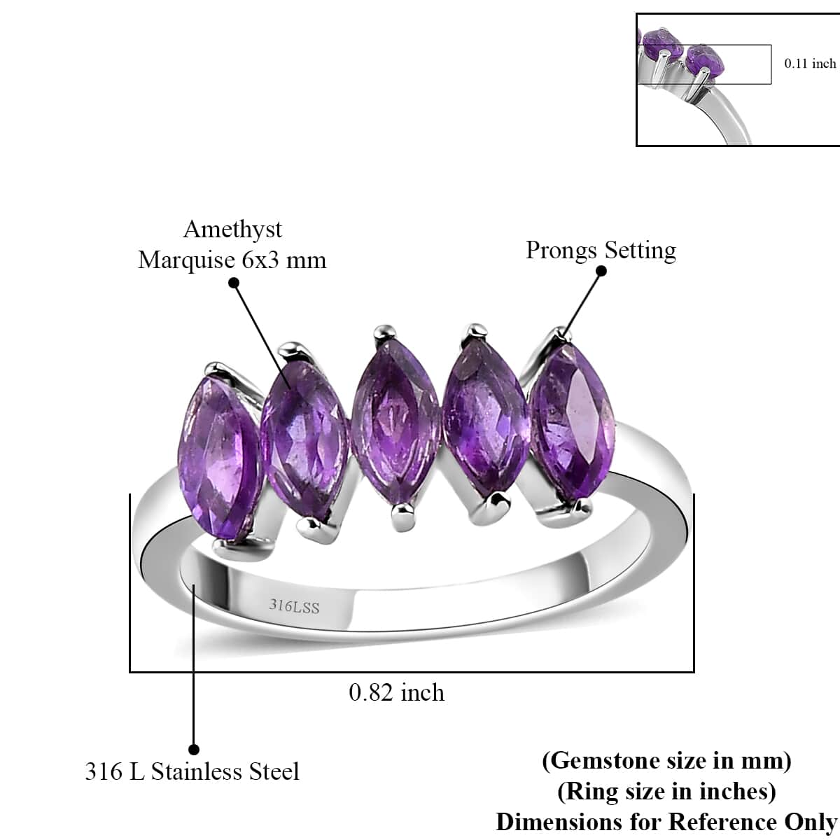 Amethyst Ring in Stainless Steel 1.15 ctw image number 6