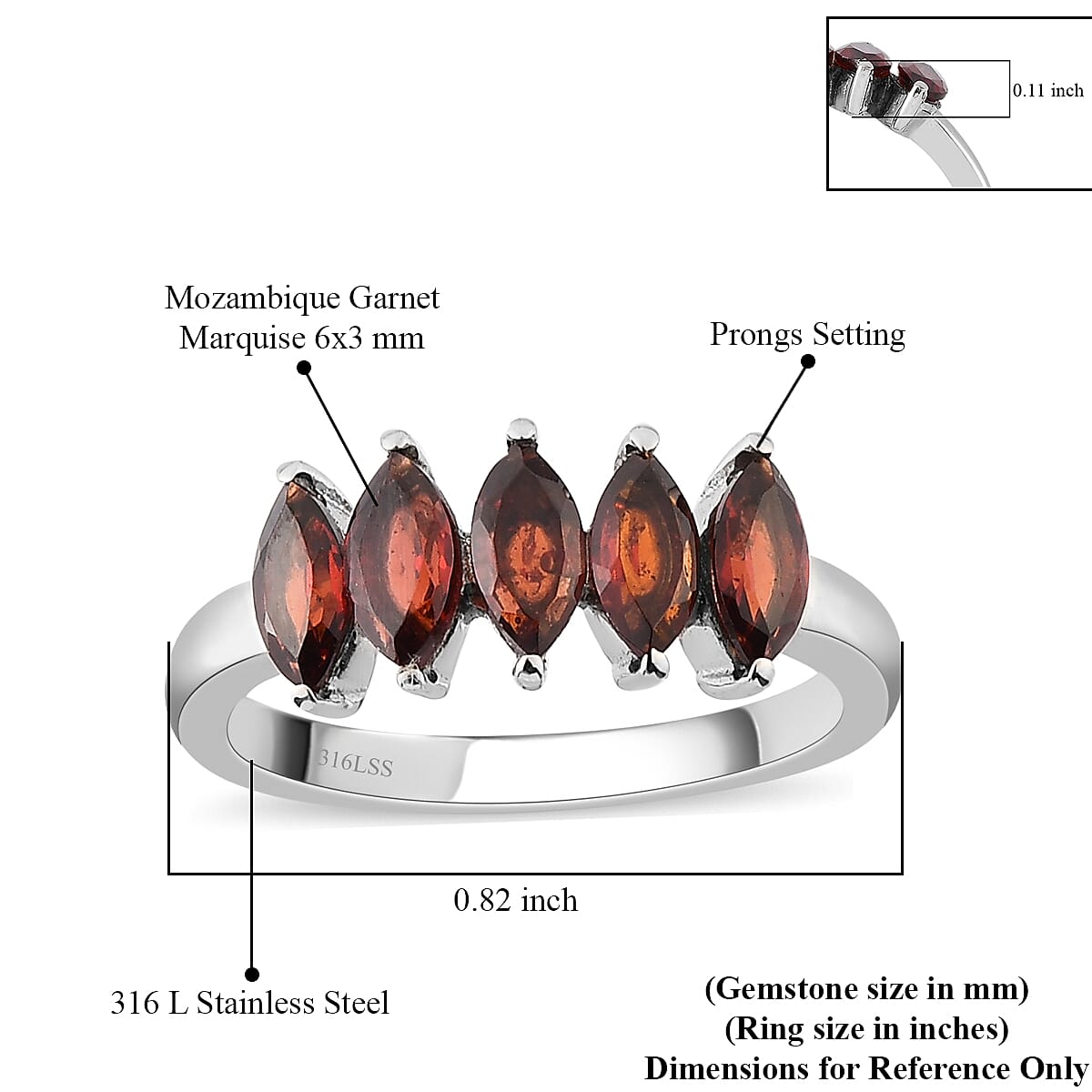 Mozambique Garnet Ring in Stainless Steel (Size 8.0) 1.15 ctw image number 6