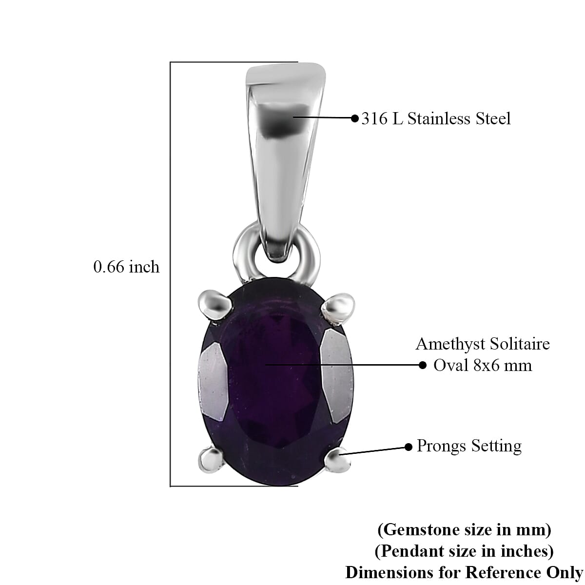 Amethyst Solitaire Pendant in Stainless Steel 1.30 ctw