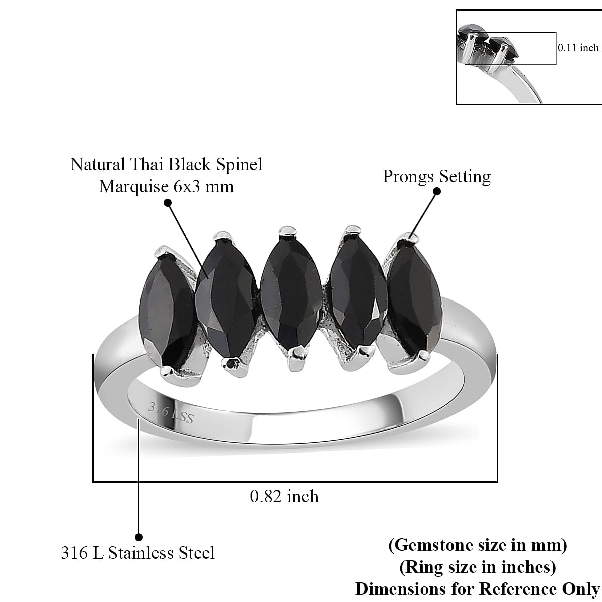 Thai Black Spinel Ring in Stainless Steel (Size 8.0) 1.15 ctw image number 6
