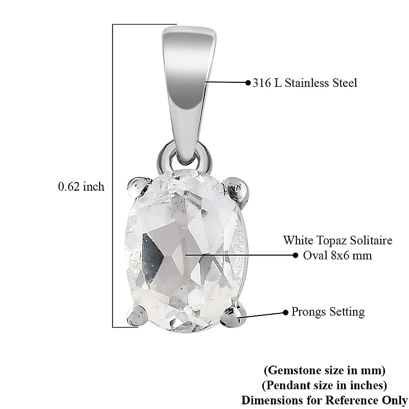 White Topaz Solitaire Pendant in Stainless Steel 1.25 ctw , Tarnish-Free, Waterproof, Sweat Proof Jewelry