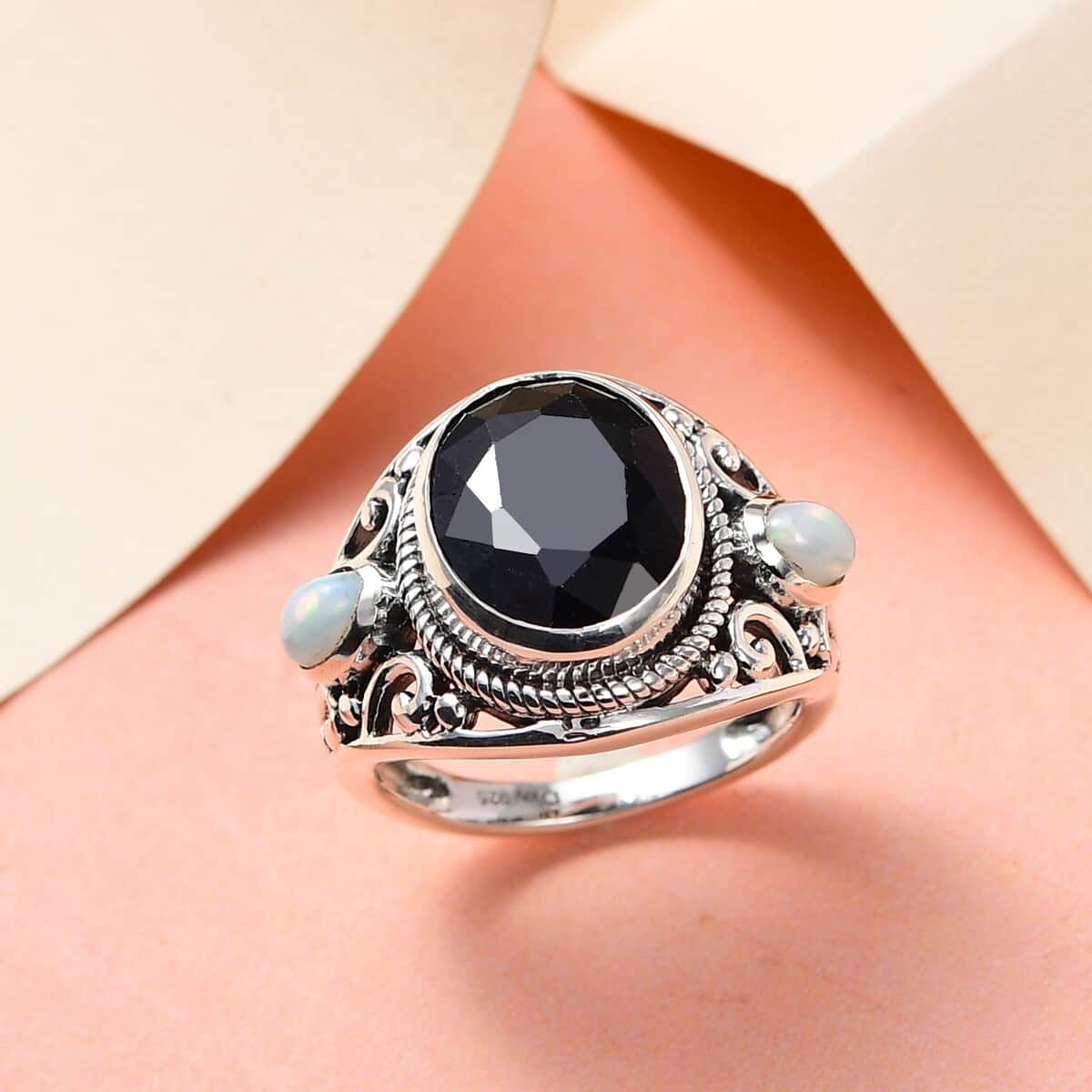 Artisan Crafted Australian Black Sapphire and Ethiopian Welo Opal 3 Stone Ring in Sterling Silver 6.25 ctw image number 1