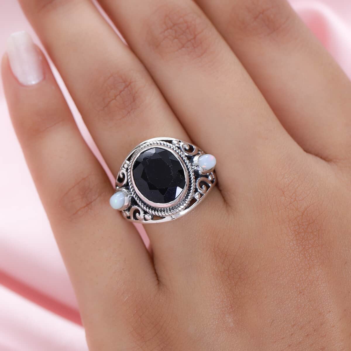 Artisan Crafted Australian Black Sapphire and Ethiopian Welo Opal 3 Stone Ring in Sterling Silver 6.25 ctw image number 2