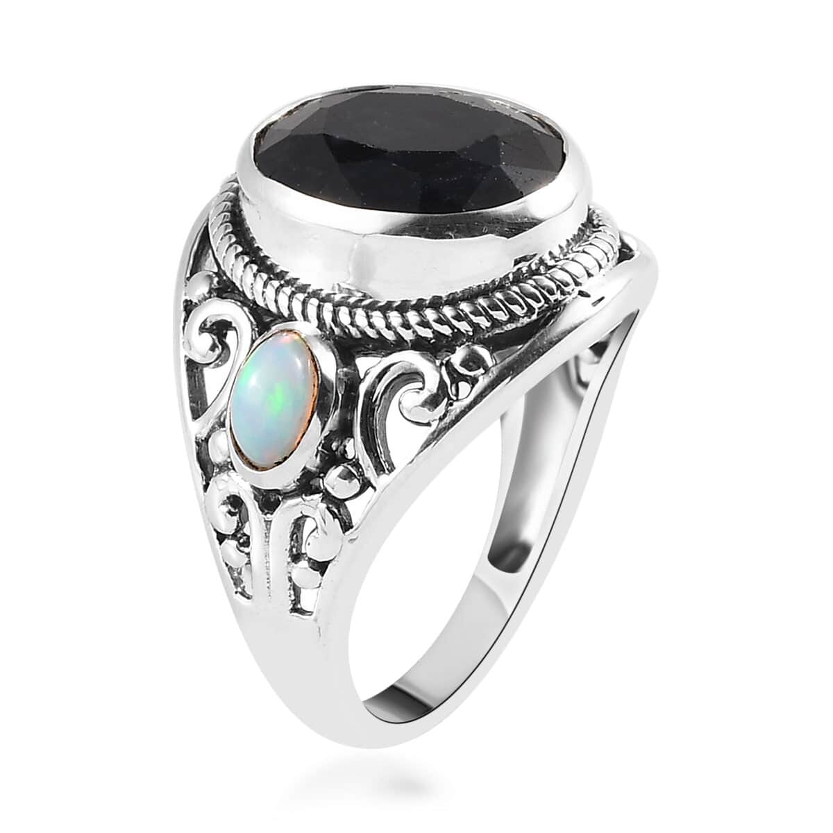 Artisan Crafted Australian Midnight Sapphire and Ethiopian Welo Opal 3 Stone Ring in Sterling Silver (Size 10.0) 6.25 ctw image number 3
