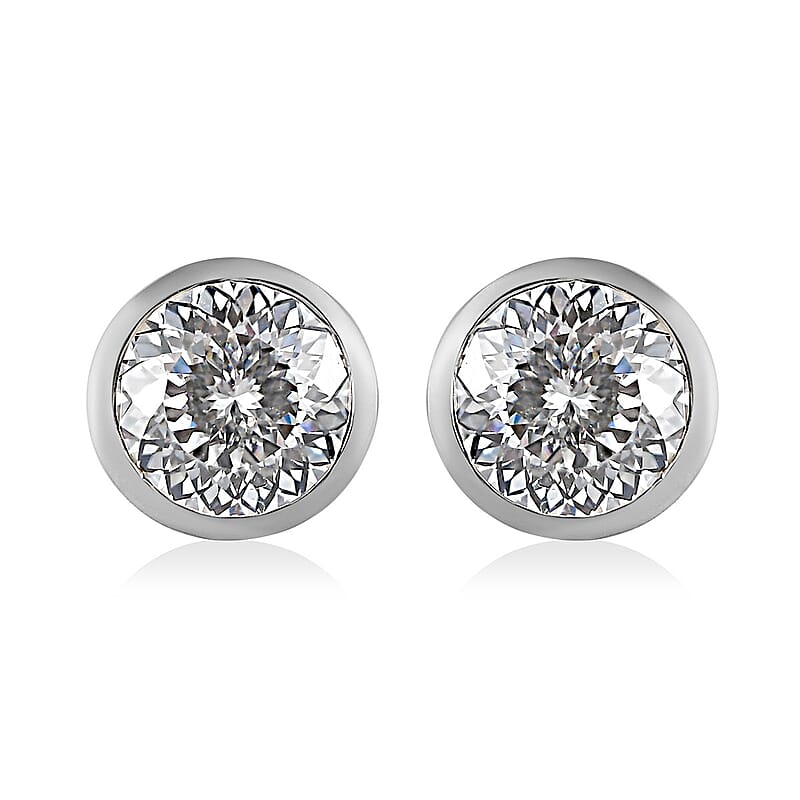 100 Facet Moissanite Solitaire Stud Earrings in Platinum Over Sterling Silver 1.90 ctw