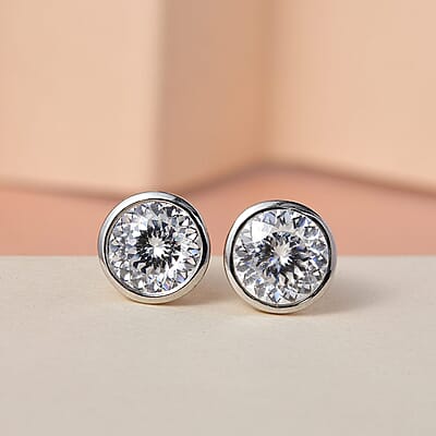 100 Facet Moissanite Solitaire Stud Earrings in Platinum Over Sterling Silver 1.90 ctw