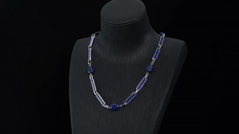 Lapis Lazuli, Blue Austrian Crystal Paper Clip Station Necklace (20-22 Inches) in Silvertone 18.00 ctw