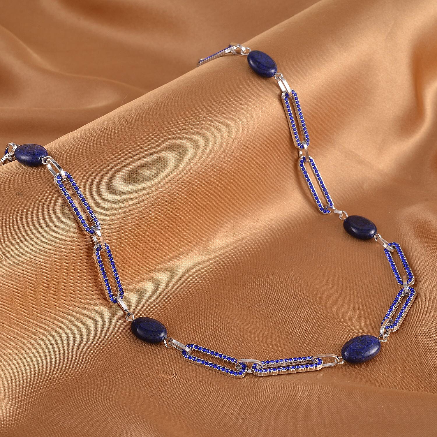 Lapis Lazuli and Blue Austrian Crystal 18.00 ctw Paper Clip Station Necklace in Silvertone 20-22 Inches